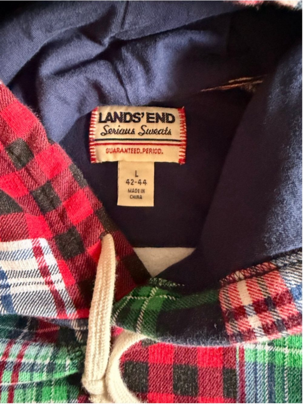 Lands' End Serious Sweats patchwork plaid pullover hoodie sweatshirt size large - Picture 4 of 11